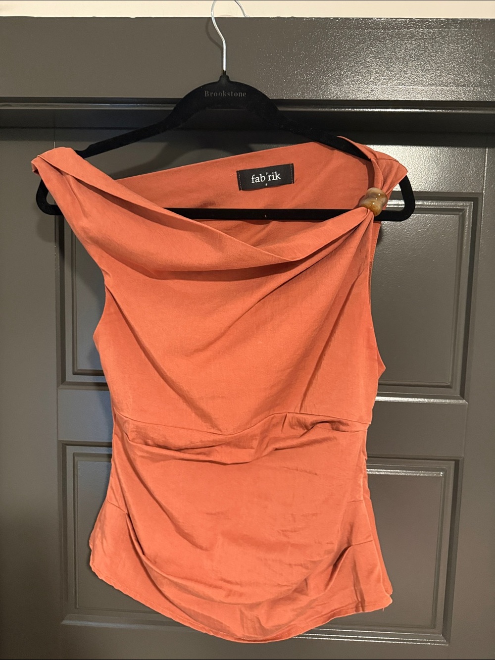 Boutique Rust Orange Draped One-Shoulder Top with Ring Accent